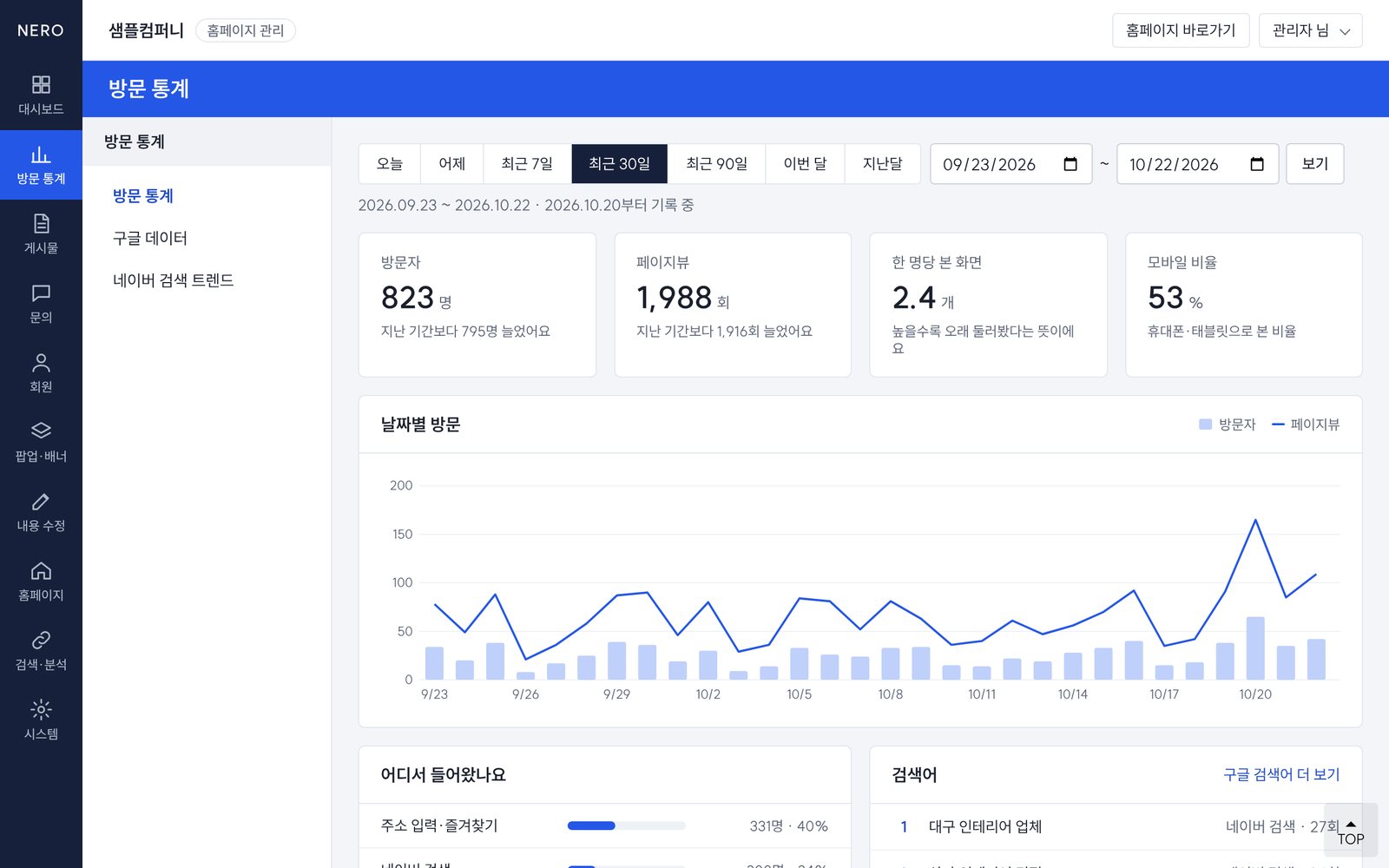 누가, 어디서 들어왔는지 날짜별로 확인합니다 - 관리자 화면